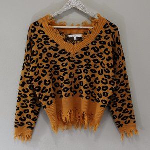 *Unique* Cheetah Print + Fringe + Drop Sleeve Crop Sweater SMALL New w/o Tags